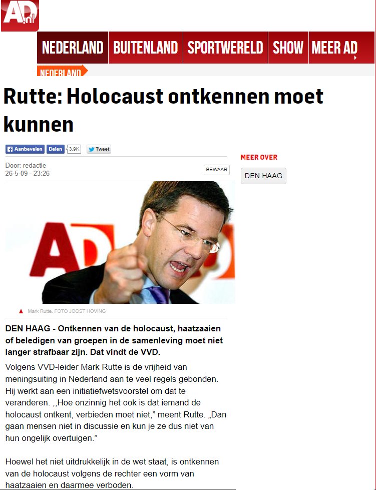 #Rutte lult continu maar wat. Neem de #holocaust. Een paar dagen geleden zei hij met zoveel woorden dat zijn eigen uitspraak over de #holocaust uit 2009 'schokkend' was. Maar geen journalist die hem hieraan herinnerde. Ze laten hem overal mee wegkomen. Geen verantwoording, niks.