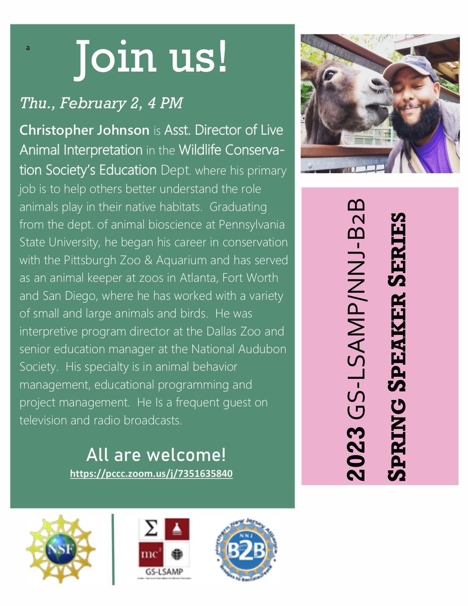 LSMRCE's tweet photo. Join @GSLsamp 4pm on Thursday, February 2nd Starting Their #VirtualSpeakerSeries with a Focus on the Career of Live Animal Interpreter Christopher Johnson @WCSeducation at https://t.co/EPEqv6CAue
No Reservations Required

#LSAMP #LSMRCE #STEM #URM #REU https://t.co/d9vltPJ1mI