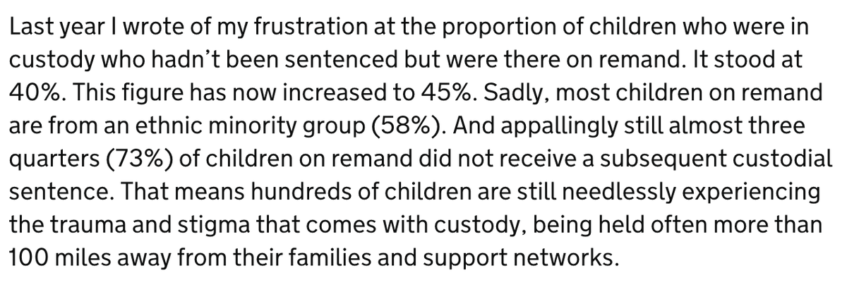 More appalling news on the use of remand, this time for children 

▶️This figure has increased to 45%. 
▶️58% of children on remand are from an ethnic minority group 
▶️Almost three quarters (73%) don't go on to get a prison sentence

gov.uk/government/new…