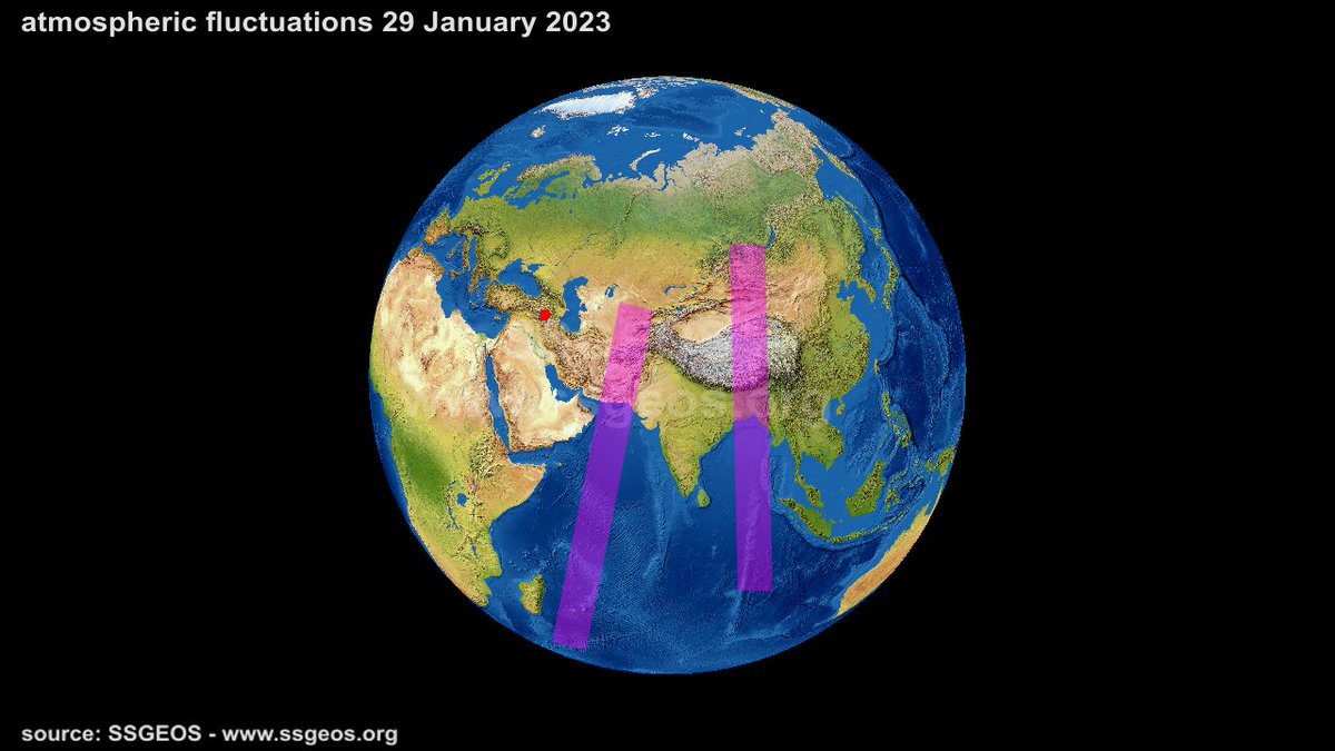 Potential for stronger seismic activity in or near the purple band 1-6 days. This is an estimate. Other regions are not excluded.