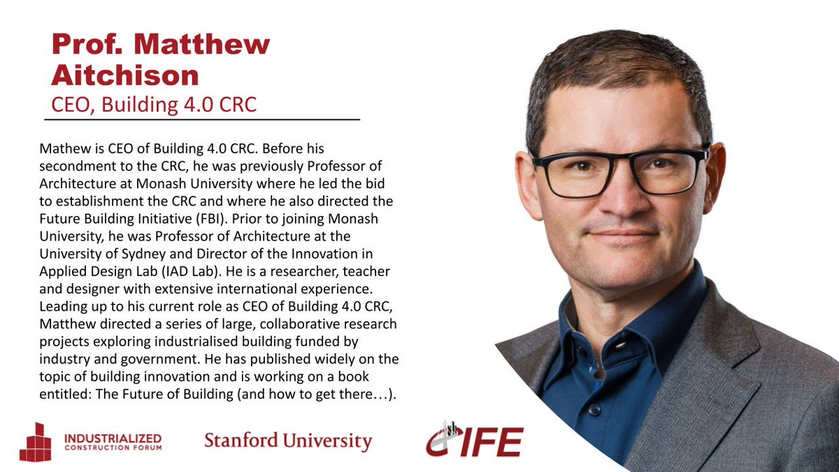 Mathew Aitchison, CEO at Building 4.0 CRC, will join us on February 7th 2023 at the Industrialized Construction Forum.
Read more about him and his work below!