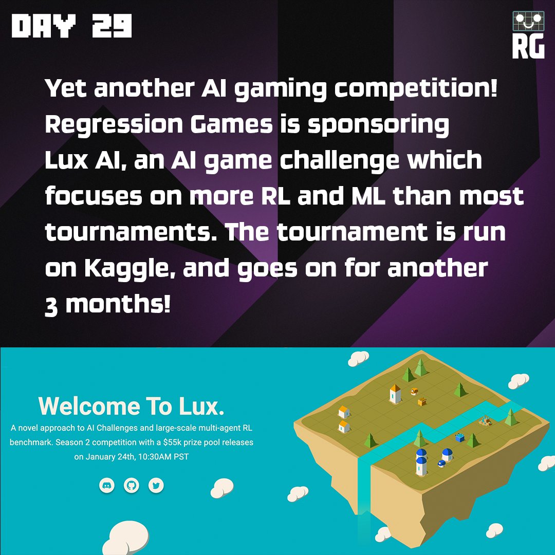 RegressionGG's tweet photo. Day 29 of AI, Gaming, and Esports!
The @LuxAIChallenge is an AI competition run on Kaggle. With tools for ML and RL approaches, it's a fun place to learn about and use AI to play games!
https://t.co/mFCGfmR5DU
https://t.co/QKLkfEb6pv
#luxai #gaming #competitions https://t.co/1f4n3l9YSm
