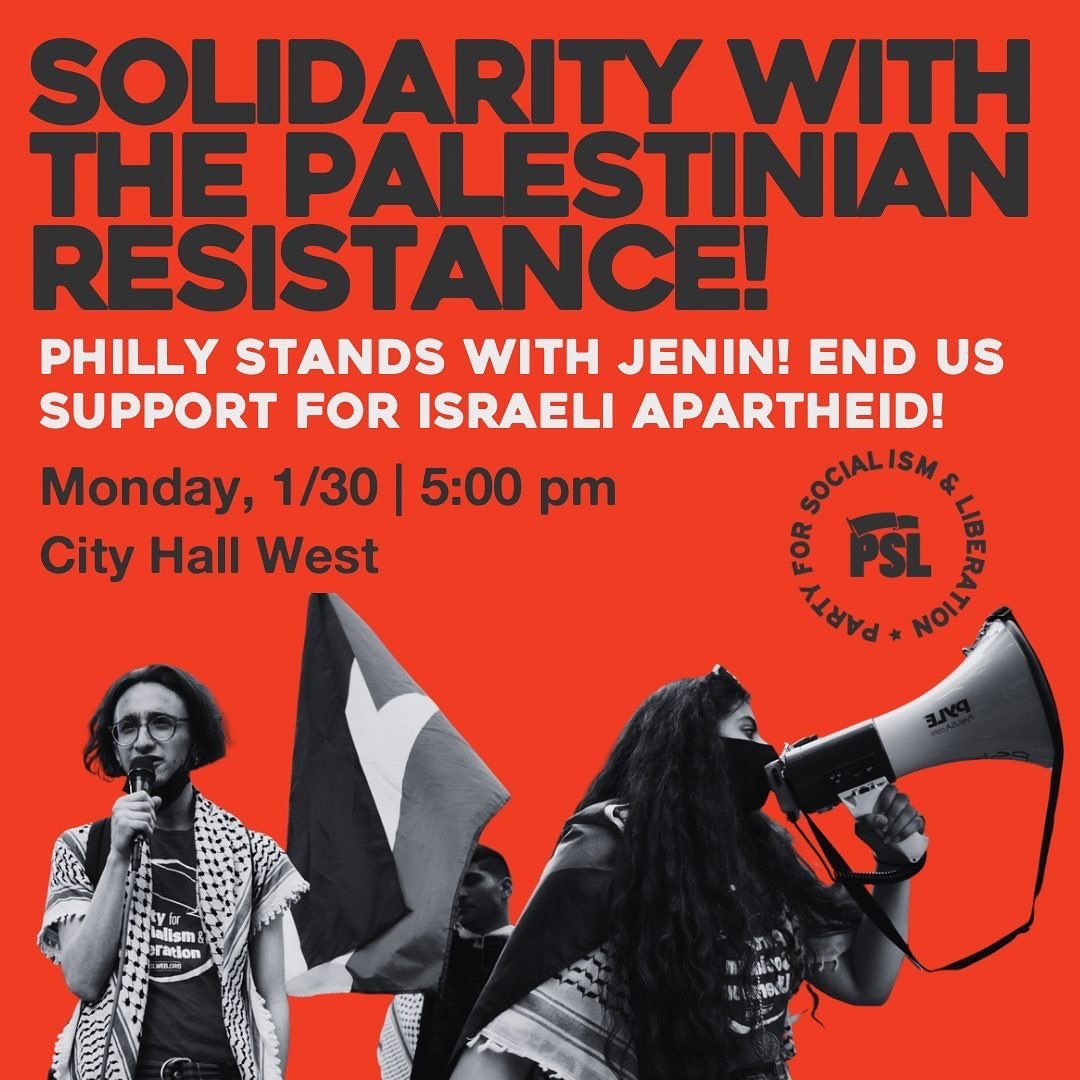 WeWantDemocUSA's tweet photo. Solidarity with #Palestine #PhillyProtest Mon 1/30, 5PM City Hall. #Philly #Philadelphia #PhiladelphiaProtest #FreePalestine #FreeFreePalestine #Protest #PalestineProtest #Jenin #JeninMassacre #PhillyPalestine #BDS #WestBank #Gaza #PalestineWillBeFree https://t.co/2PT5pBQ22s