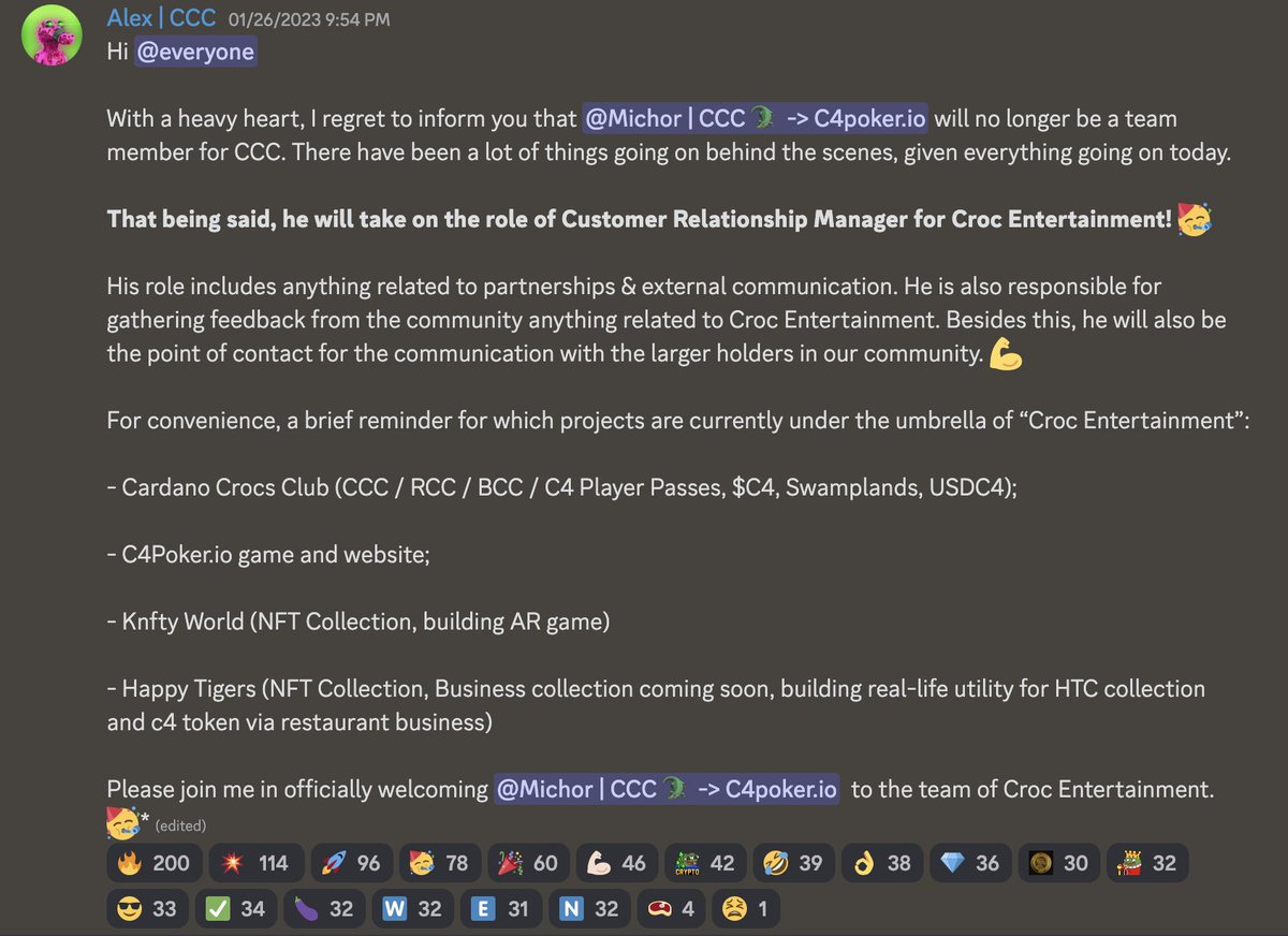 Earlier this week Alex announced that I would take a larger role within the company. So, not just for <a href="/CardanoCrocClub/">Cardano Crocs Club</a> but for Croc Entertainment (CCC/KNFTY/Happy Tigers). 
Some people were worried after reading the message.
I assure you that the message below is all positive. ❤️
