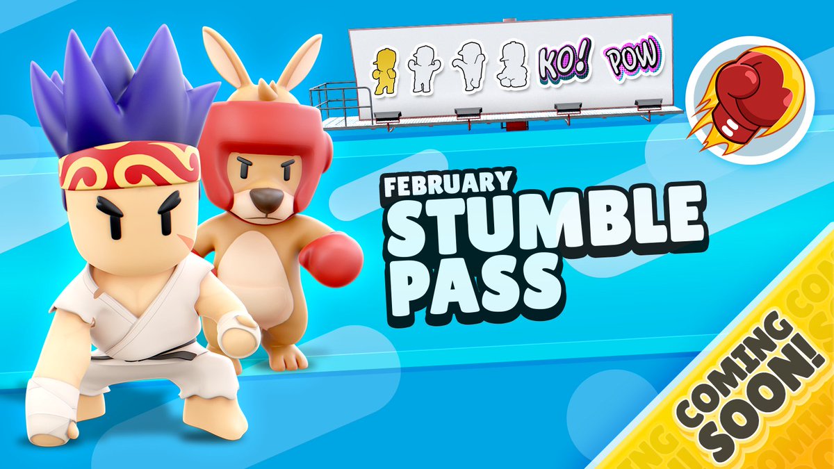 ¡Un nuevo Stumble Pass llegará pronto en febrero! Compra el Stumble Pass para obtener nuevos stumblers increíbles como Boxing Roo y Sensei FireFist, animaciones y el estilo de gesto especial: Fire Punch 🔥👊 
#StumbleGuys