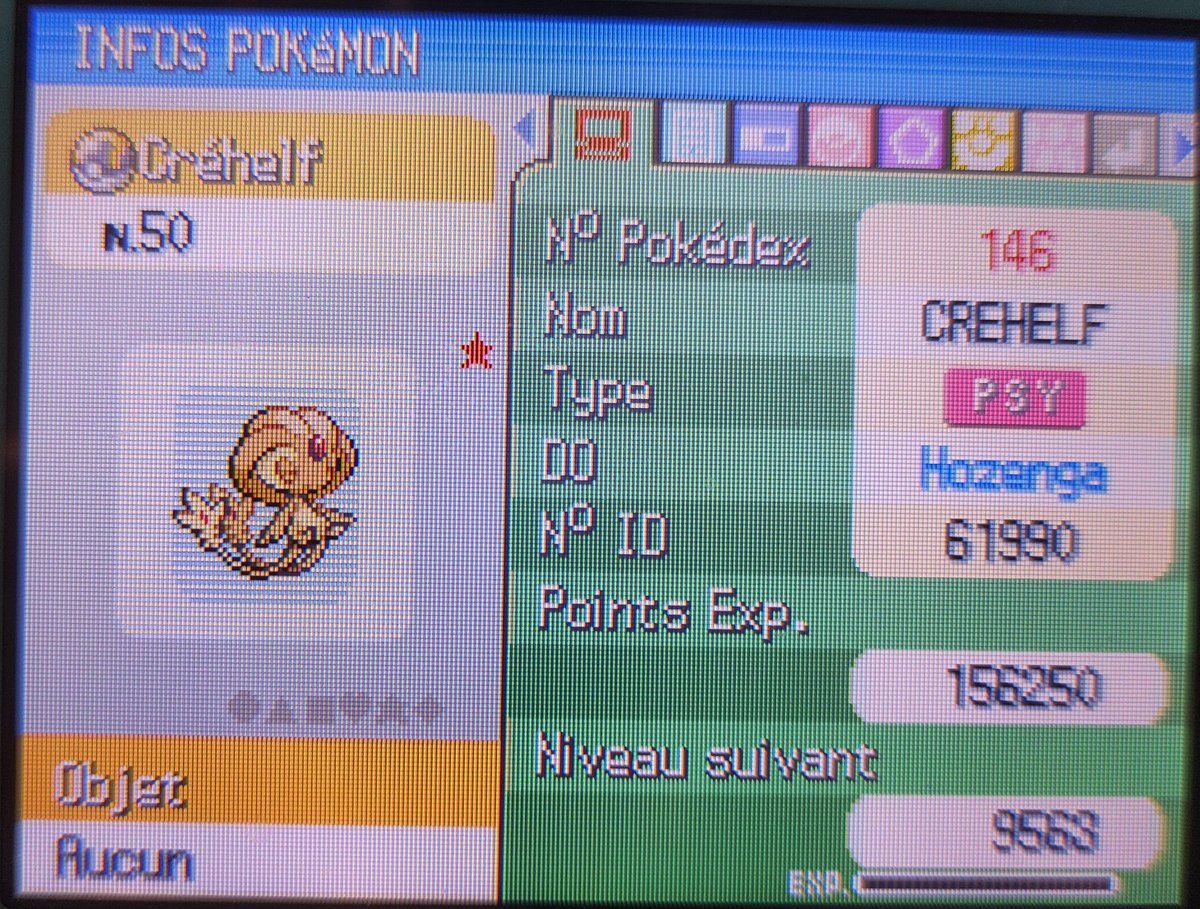 Créhelf shiny sur Perle en 6087 resets !
Joli shiny sous la proba qui fait plaisir. 
Il ne me manque plus que Créfollet qui ne veut vraiment pas venir.