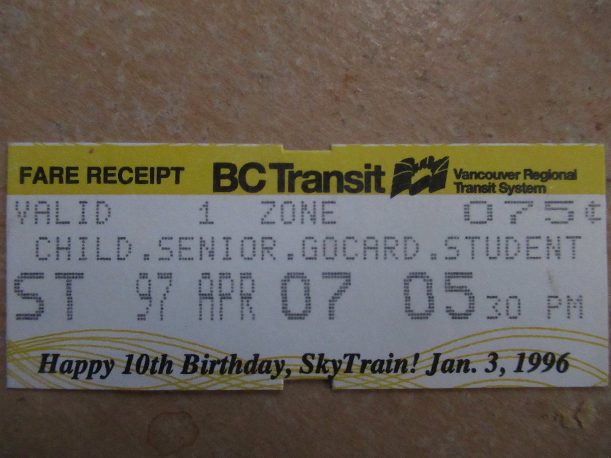 CharliRomeoLima's tweet image. Found this in a drawer.  Vintage Vancouver Skytrain ticket from spring 1997, 9 months before the formation of Translink, the current Metro transit authority.
#vancouver
#transithistory
#skytrain