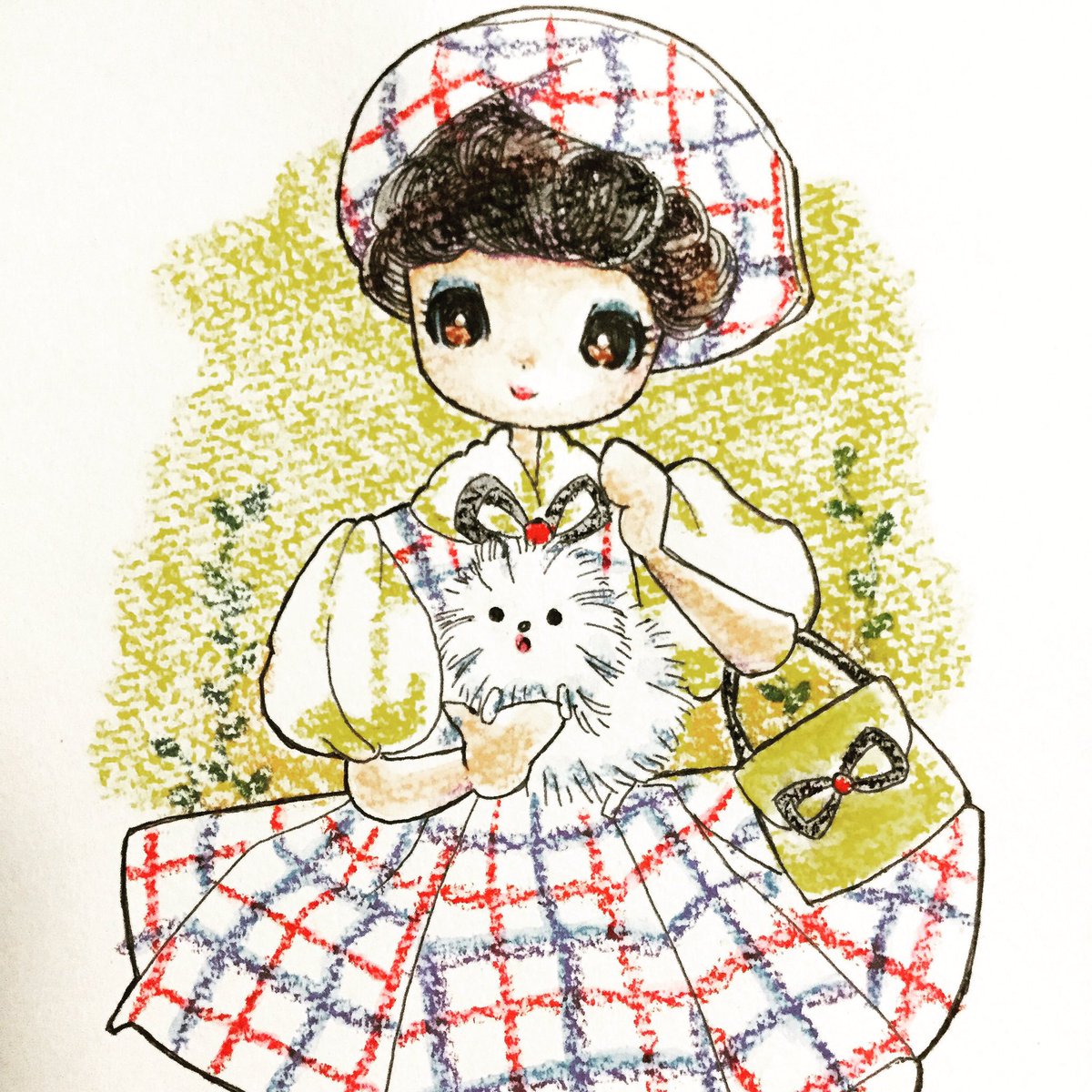 1girl solo dress short sleeves bag holding cat  illustration images