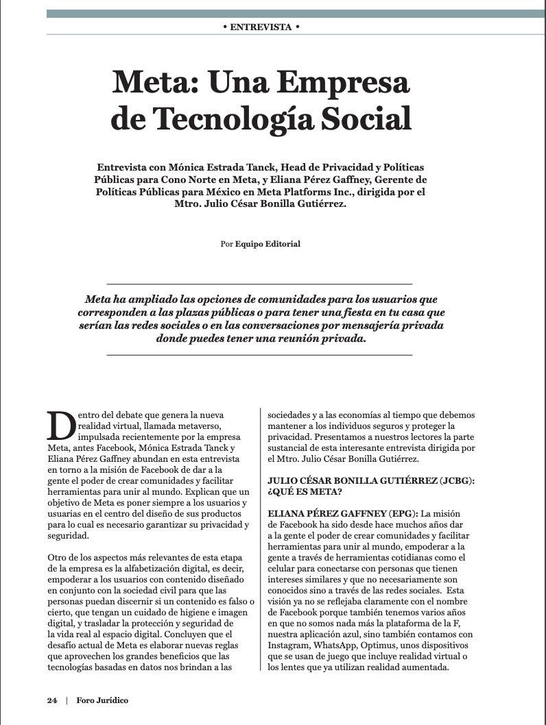 En la revista de <a href="/ForoJuridico/">@forojuridico</a> podrán leer la entrevista que le realicé a <a href="/MonicaEstradaT/">Mónica Estrada Tanck</a> y <a href="/EPerezGaffney/">Eliana Pérez Gaffney</a>, donde conversamos acerca de <a href="/Meta/">Meta</a> y su impacto tecnológico en nuestra sociedad actual.

¡Consúltenla! 

🔗 bit.ly/3XbEARF
