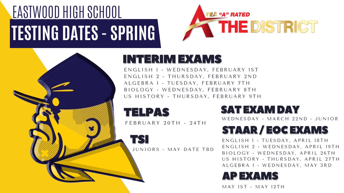 Eastwood High School (@eastwoodhq) on Twitter photo Troopers!
Below are our official dates for exams this semester.
*TSI for Seniors is ongoing throughout the semester.
**TSI for Juniors will be a day in May TBD.
<a href="/Btorres_EHS/">Bonita Torres</a> | <a href="/ZubiateSteve/">Steve Zubiate</a>
<a href="/mrmeastwood/">Martin Mota</a> | <a href="/Txchick92/">Denicka Martinez</a> Troopers!
Below are our official dates for exams this semester.
*TSI for Seniors is ongoing throughout the semester.
**TSI for Juniors will be a day in May TBD.
<a href="/Btorres_EHS/">Bonita Torres</a> | <a href="/ZubiateSteve/">Steve Zubiate</a>
<a href="/mrmeastwood/">Martin Mota</a> | <a href="/Txchick92/">Denicka Martinez</a>
