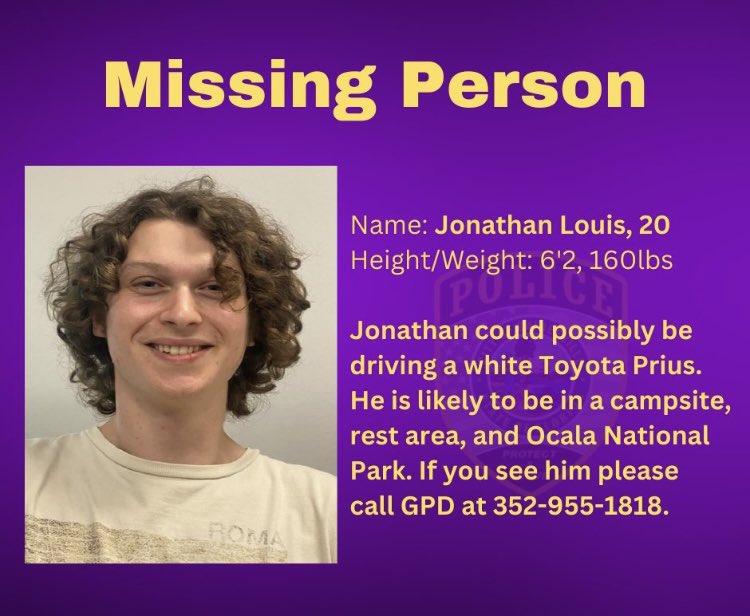 BoyMom_BeachGaL's tweet photo. #Missing #JonathanLouis, age 20. Could be driving a white Toyota Prius. Likely at a campsite, rest area, or #OcalaNationalPark.

#Gainesville #Florida PD 352-955-1818

#Vanlife #OcalaFl #OsceolaNF
#OcalaNF @WFLA @WFLAJB @WFLAJosh https://t.co/XJlHWBD6Jm https://t.co/MHYJt8gAjP