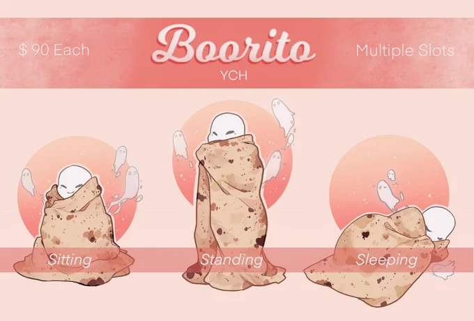   BOO-RITO YCH  Are you as spooky as you are bread-loving? Feeling cozy? Now you can show it off!• Flat90• Multiple Slots• Human or Anthro• 3 Poses to choose fromFOR A SLOT, COMMENT "CLAIM" BELOW 