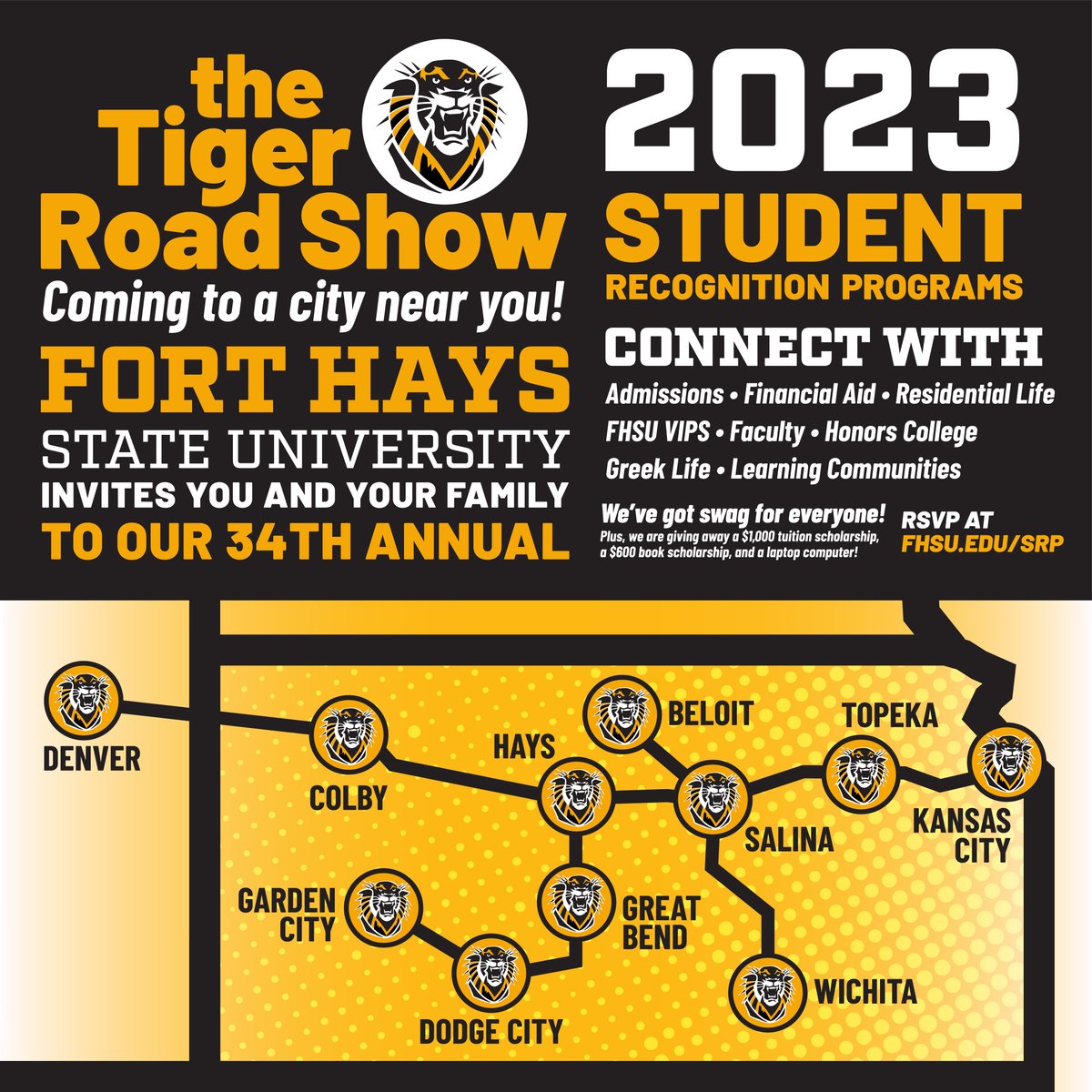 fhsuadmissions's tweet photo. Prepare for your first semester &amp; get all of your questions answered.

Chance to win:
• $1,000 tuition scholarship
• $600 book scholarship
• Laptop

Free T-Shirt, Food, &amp; more!

Sign up at https://t.co/z8ZBuy5nf7.
#futuretigers #srp #tigerroadshow #forthaysstateuniversity https://t.co/jSW28BCY8P