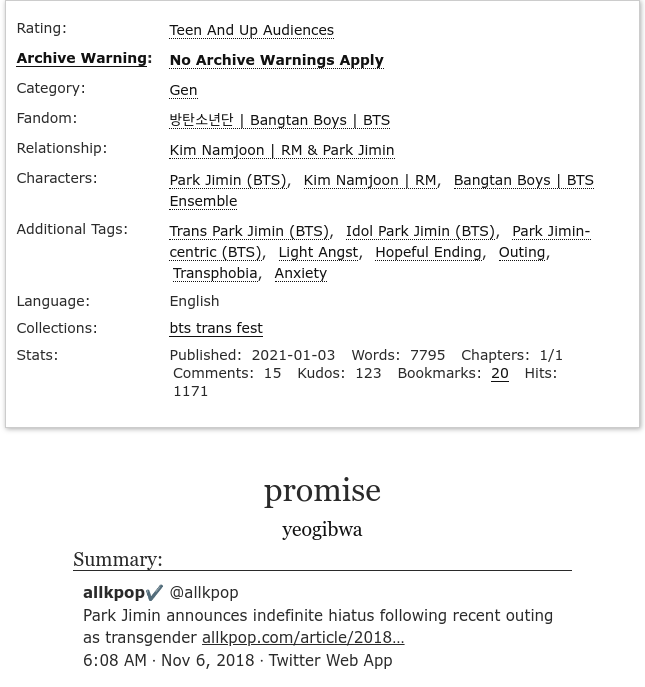 btstransrecs's tweet photo. promise || yeogibwa [ @yeogi3wa ]

🪷 trans man jimin
🪷 teen
🪷 wc: 7.7k
🪷 minjoon
🪷 idol, angst, hopeful ending
⚠️ mentions of being involuntarily outed, transphobia

🔗 https://t.co/UfgNPMyXl3 https://t.co/podcrrbCdd