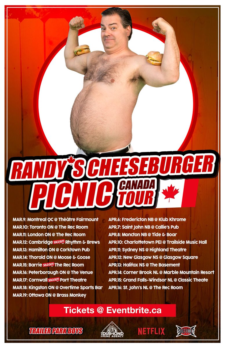 Hey Canada! Starting the tour in the east! Hit eventbrite.ca for tix. 7 shows already sold out, added some pre-show VIP “Hang with Bobandy” tix!!! See ya soon! <a href="/trailerparkboys/">Trailer Park Boys</a> <a href="/SWEARNET/">SWEARNET</a> #randyscheeseburgerpicnic