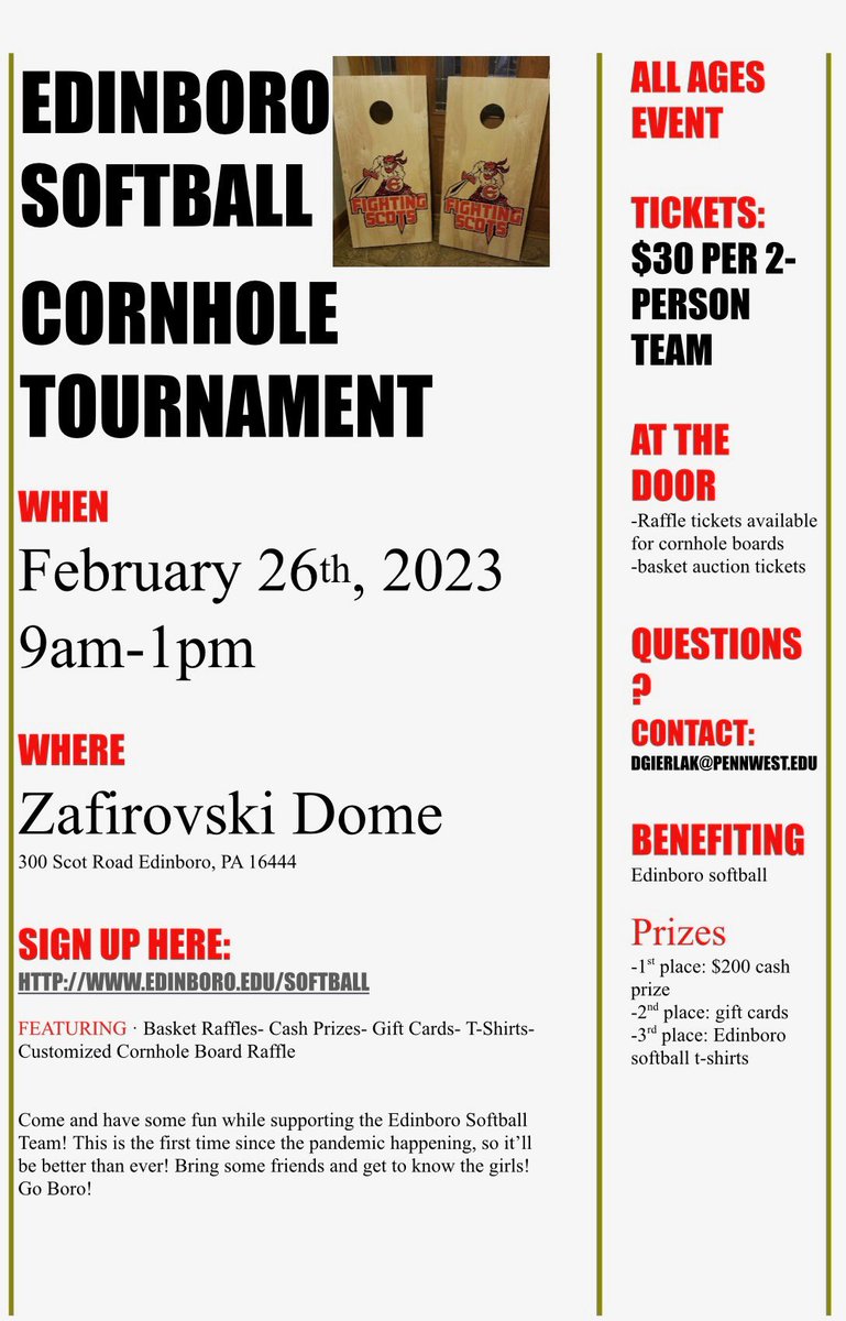 borosoftball1's tweet photo. Edinboro Softball’s Cornhole Tournament: February 26th! Grab a partner and come join us for some fun and a chance to win great prizes! https://t.co/jP5mF75qUH