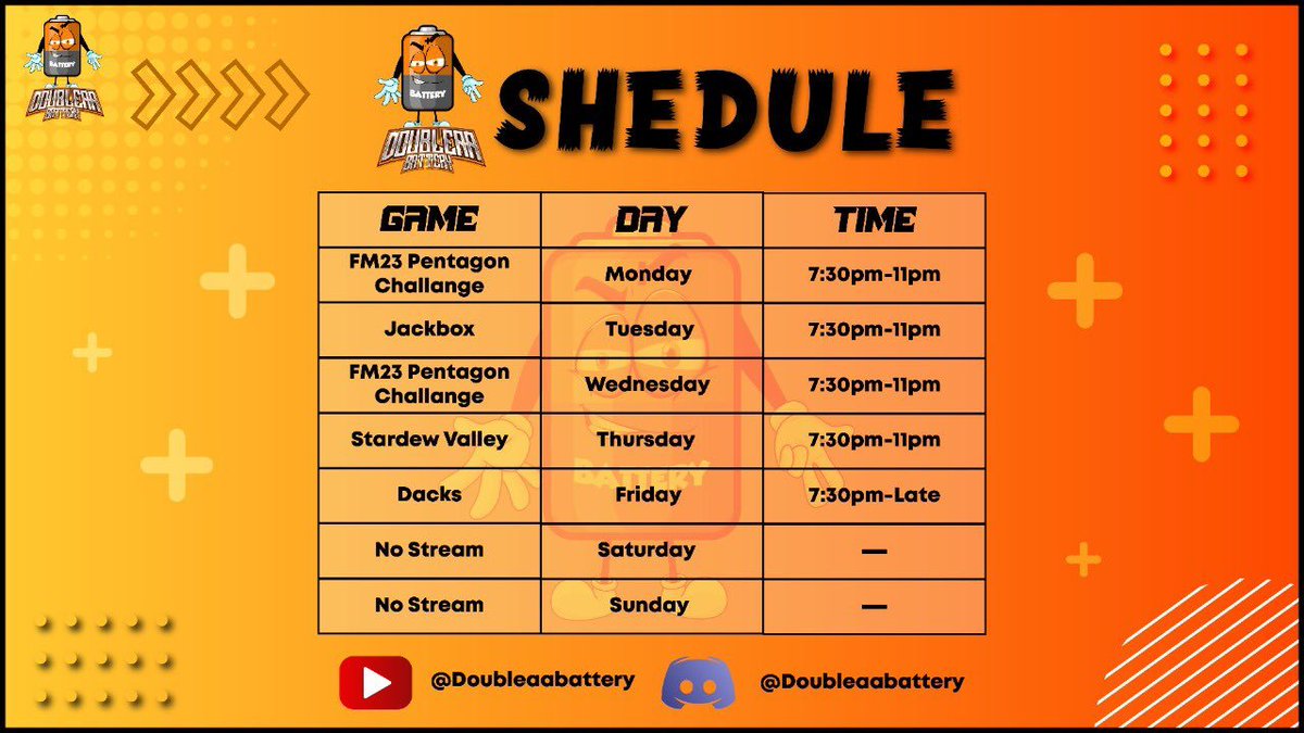 Doubleaabatter4's tweet photo. Here will be my weekly schedule going forward unless I state otherwise. Graphic has been designed by @AmeliaRoseLo who has done a splendid job as always @ReignGaminggg #twitchaffiliate #dtmediagroup #Dacks

Want to watch? Check out my channel https://t.co/e9yosDyHkp https://t.co/OoyOQPDuUc
