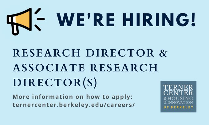 Come work with us at the Terner Center!  We're hiring  folks to lead our research on affordability &amp;  homelessness as well as strengthen our expertise in housing supply, climate and land use.

Learn more, apply, and help us spread the word: ternercenter.berkeley.edu/careers