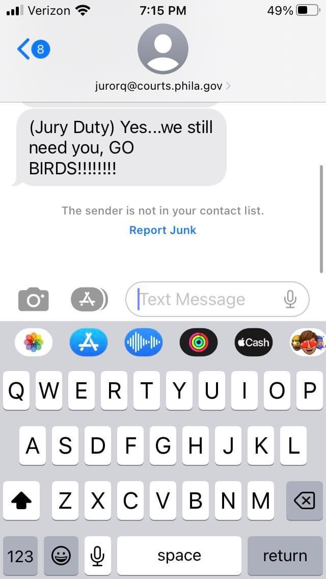 My friend in Philly has jury duty tomorrow. He just got this text reminder.