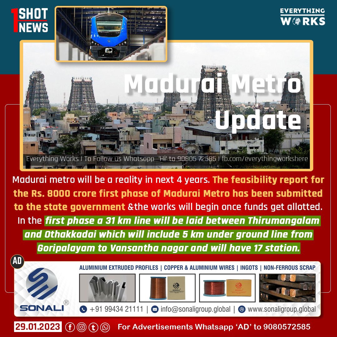 The feasibility report for the Rs. 8000 crore first phase of Madurai Metro has been submitted to the state government and the works will begin once funds get allotted. 

#1ShotNews | #Madurai | #MaduraiUpdate | #MaduraiMetro | #MetroRail | #Tamilnadu | #TamilnaduNews