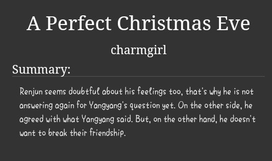 🦊 A perfect Christmas Eve 🐑

❄️ renyang / yangren fic au
🦊 Rating G
❄️ Fluffy, canon compliant, first love, comfort fic
🐑 2.4k words
❄️ For: <a href="/cozydreamfest/">cozy dream fest • rest</a>
🦊 slight kunten (really slight)

archiveofourown.org/works/44015808