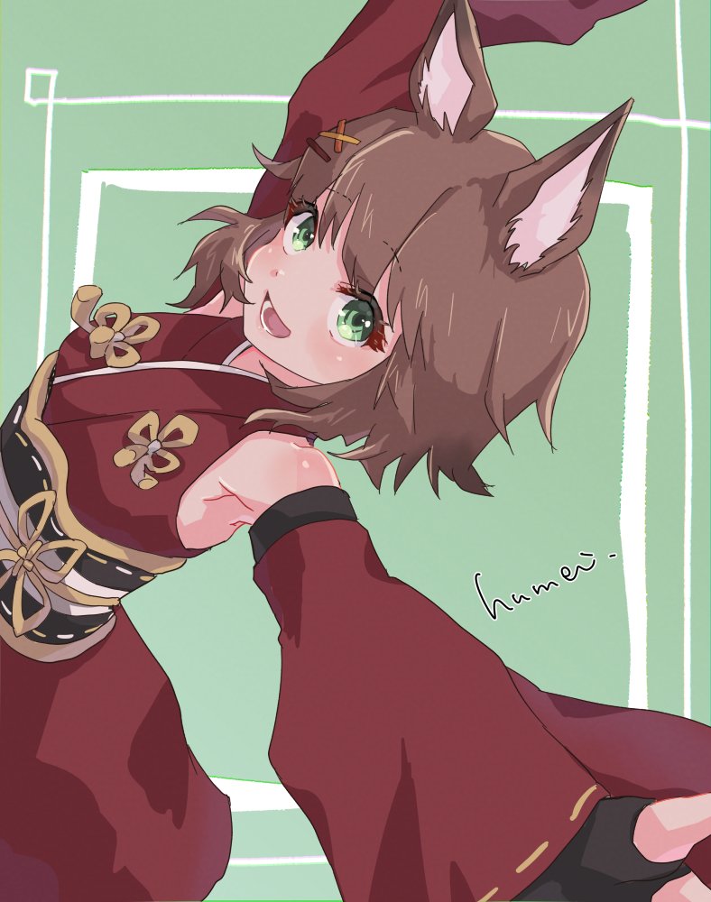 1girl animal ears green eyes detached sleeves solo brown hair japanese clothes  illustration images