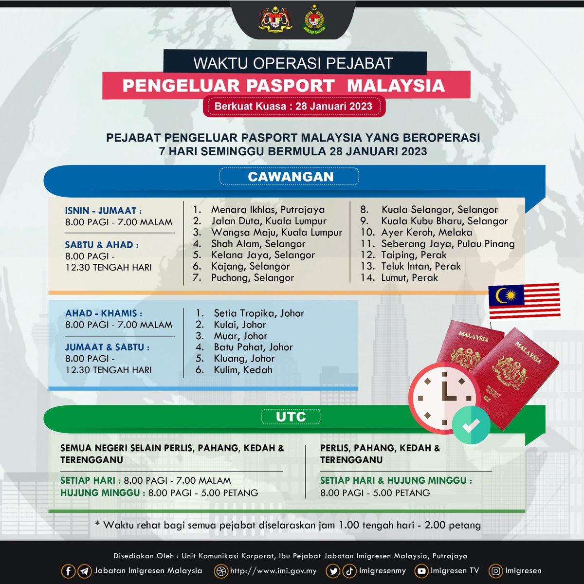imigresenmy's tweet photo. [HEBAHAN] Jabatan Imigresen Malaysia memanjangkan waktu operasi Pejabat Pengeluar Pasport terpilih dan semua Pejabat UTC

https://t.co/Gsf5HHBUFA https://t.co/x9aRuKWq1s