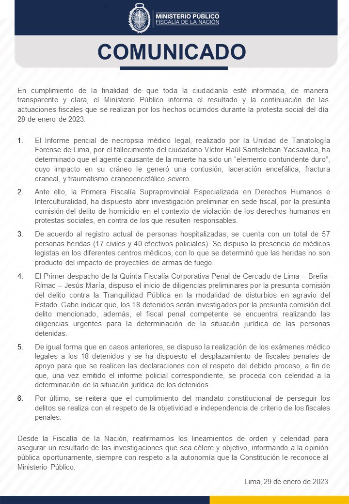 🚨#COMUNICADO
El Ministerio Público informa sobre las actuaciones fiscales que se realizan por los hechos ocurridos durante la protesta social del día 28 de enero de 2023: