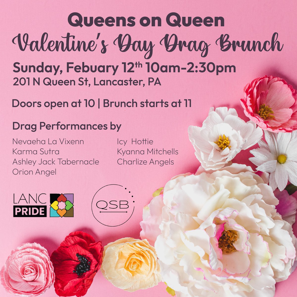 Love is in the air! Drag your heart out at #LancasterPride Queens on Queen #ValentinesDay Drag Brunch at QSB on Sun. Feb 12 from 10am - 2:30 pm. ❤️This is a 21+ Event. Purchase your tickets: bit.ly/3XMxrb7 ❤️ Tix includes 2 free drinks and meal #lgbtq