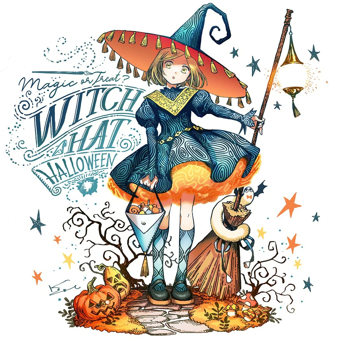 1girl broom brown hair dress halloween hat jack-o'-lantern  illustration images