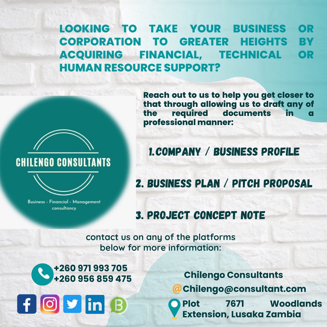 Happy New week to you all! 
Be sure to reach out to us for the above and more business management & financial consultancy services😃 #consultchilengo #businessconsultants #managementconsulting #financialconsulting #businessdevelopment #zambia🇿🇲#Zedtwitter