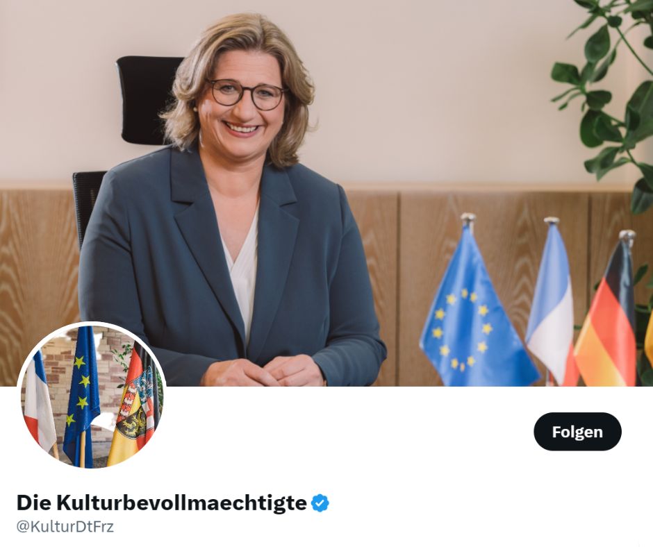 Anfang des Jahres hat @ankerehlinger ihr neues Amt als Kulturbevollmächtigte für deutsch-französische Beziehungen angetreten.

In dieser Funktion hat sie bereits im Bundestag gesprochen und am deutsch-französischen Ministerrat in Paris teilgenommen. [1/2]

<a href="/KulturDtFrz/">Die Kulturbevollmaechtigte</a>