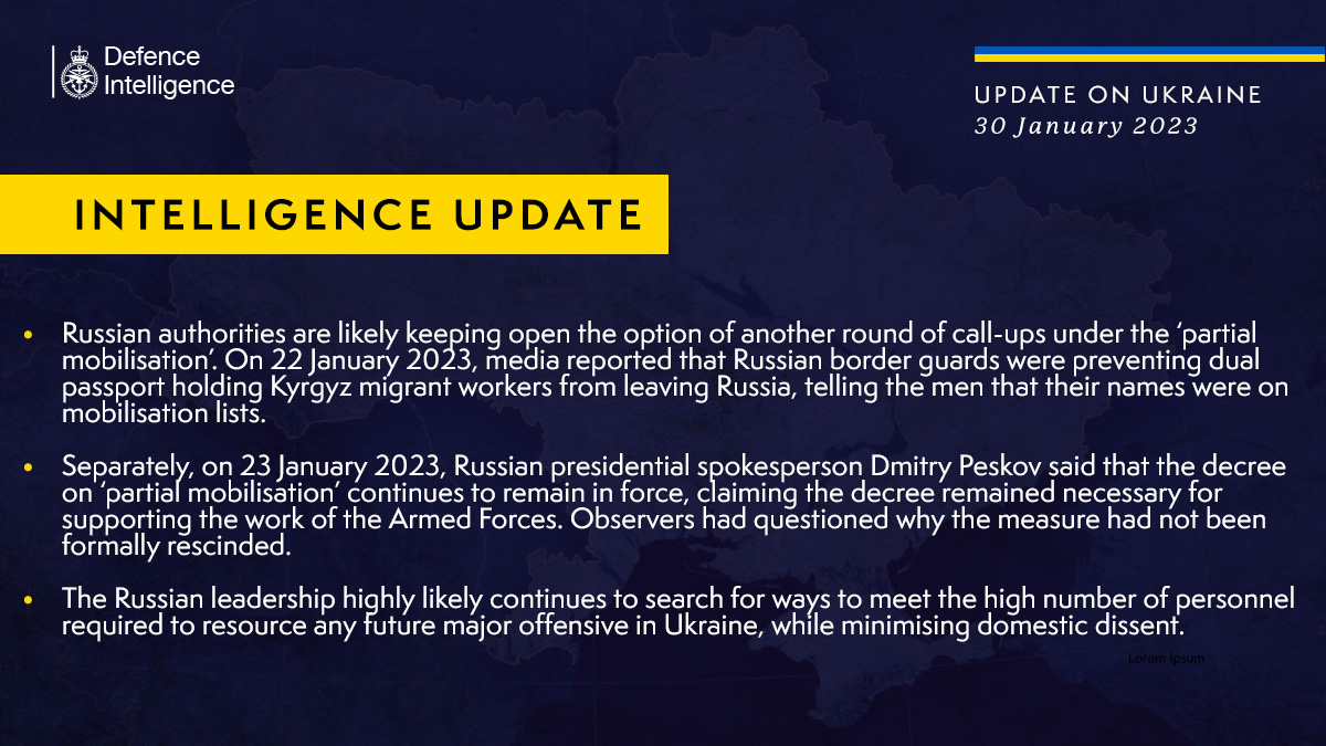 Latest Defence Intelligence update on the situation in Ukraine - 30 January 2023
 
Find out more about the UK government's response: ow.ly/Fa1u50ME67R

🇺🇦 #StandWithUkraine 🇺🇦