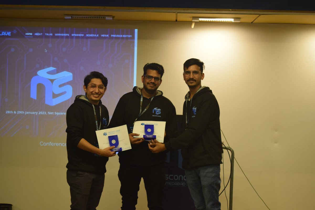 NSConclave's tweet photo. Presenting the memento to our speakers @_maulikrathod  and @dilipyadav1234  of #NSConclave2023 on Talk: Approach for secure code review by our Head of Professional Services @_RaviRamesh 

#Conference #CyberSecurity #infosec 

🌐For more info: https://t.co/yz4q2I26hm https://t.co/zgizf151qd