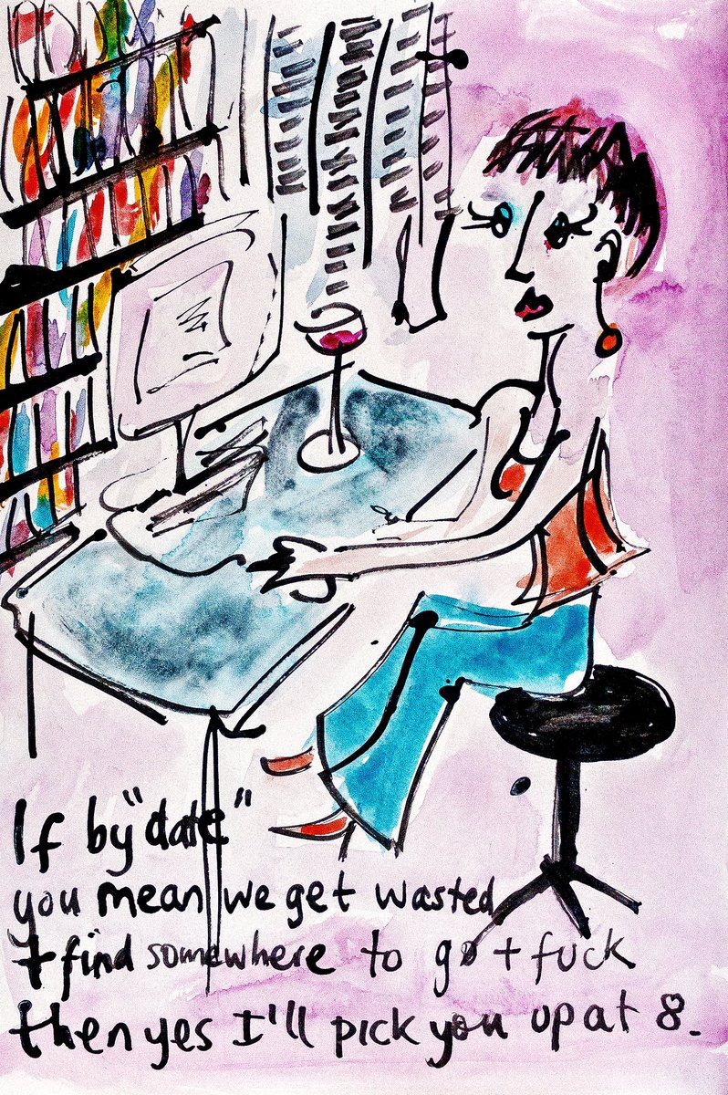 jazaminsinclair's tweet photo. ‘Dating 2’ (2013): Indian ink & acrylic; A3; sold; Prints from £15/cards £4
https://t.co/9gzKM2hRej
#illustration #satire #cartoon #semiautobiographical #colour #ink #illustratedprosody #sex #dating #datingmemes #internalmonologue #chat #antivalentines #alternativevalentines https://t.co/8AqtnJLUFC