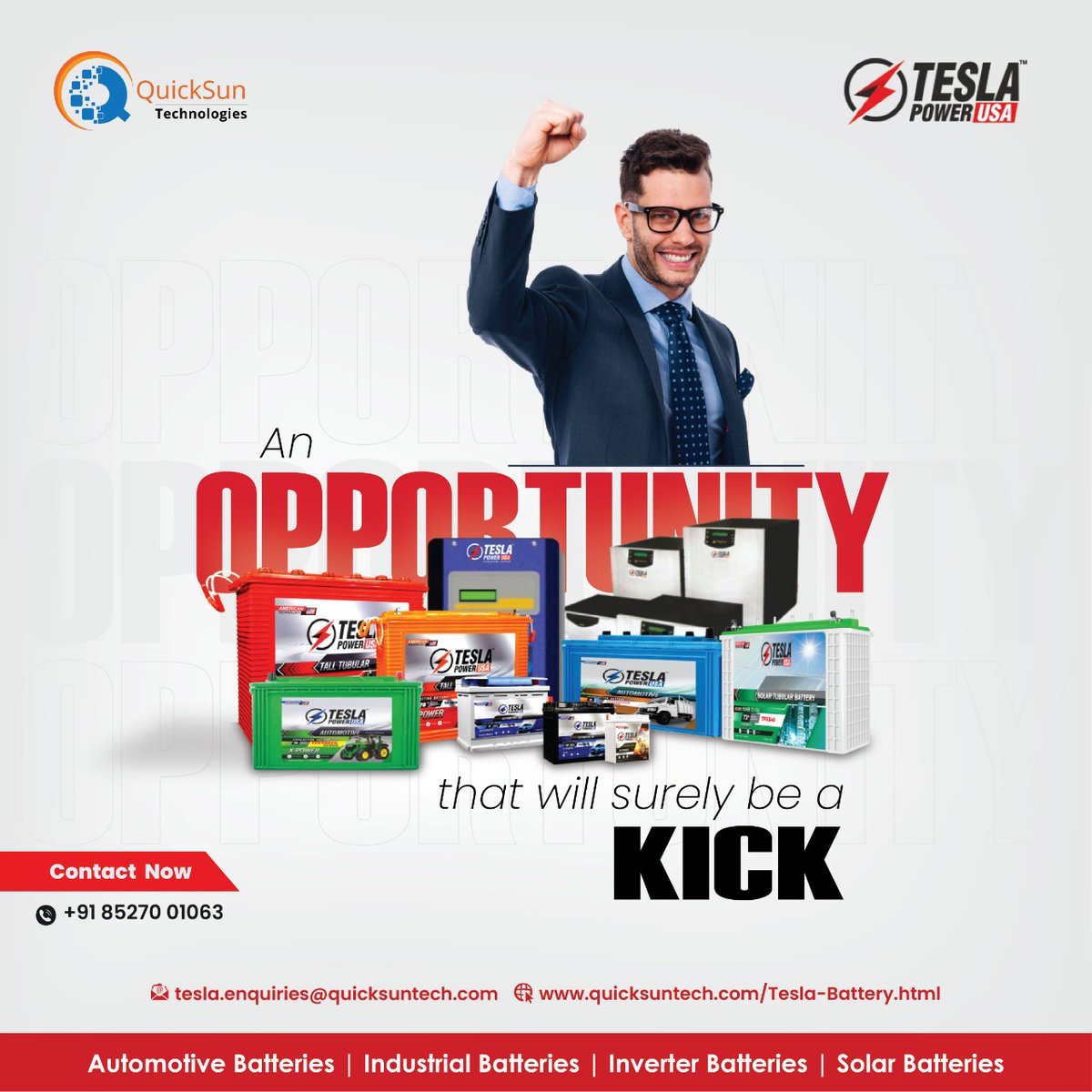 QuickSun Technologies is offering you an opportunity that can be the kick you are looking for. We providing you the selling opportunity of Tesla Power USA products in any state of India. Grab the chance now and enjoy the rest of your life. Contact us to get started.