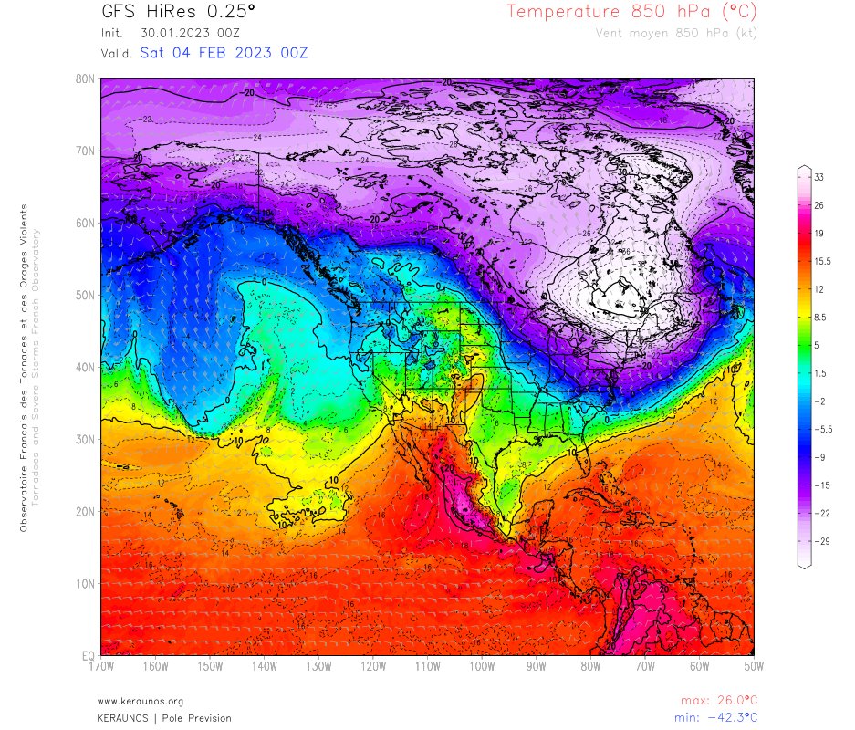 Une descente froide intense mais brève est prévue en fin de semaine entre Ontario, Québec & NE des #USA avec des températures qui pourraient descendre sous les -30°C localement. Le cœur du vortex polaire devrait toucher ces régions avec jusqu'à -41°C modélisé à 850 hPa (1500 m). 