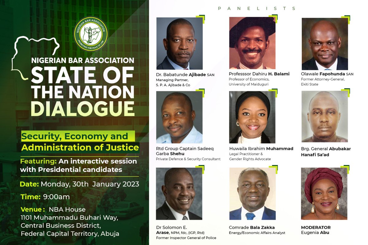 I will be speaking at the <a href="/NigBarAssoc/">Nigerian Bar Association</a> State of the Nation Dialogue today 30 January, 2023 alongside <a href="/BAjibadeSAN/">Dr. Babatunde Ajibade, SAN</a> &amp; Huwaila Ibrahim Mohammad on the State of our Administration of Justice System.
I invite you to join the conversation here: rb.gy/bkxzvl
