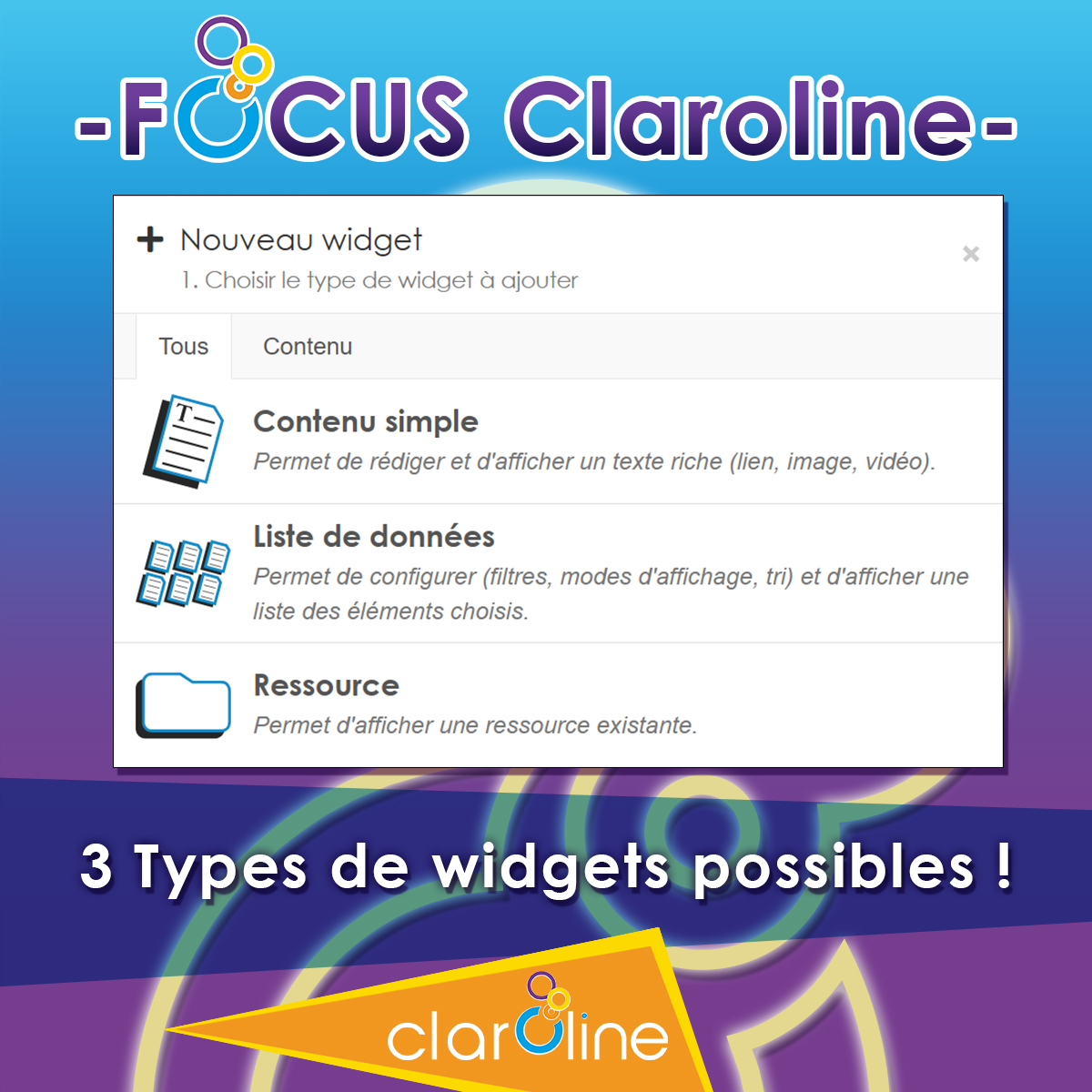 Focus Claroline : Widget, contraction des mots window &amp; gadget, mène à une application ou à des données. Dans une formation, les Widgets animent &amp; automatisent l'affichage d'informations selon vos besoins, sur une page d’accueil ou le bureau. #lms #elearning #training #design