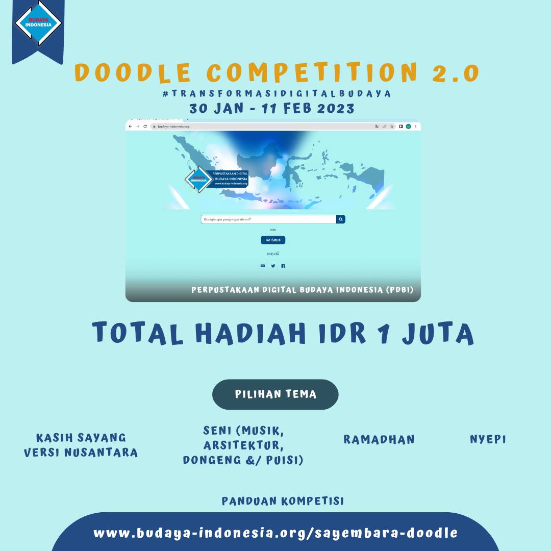 Hai, kontributor! Mau dong desainmu ditampilkan di halaman depan #PDBI sekaligus dapetin hadiah e-wallet? Yuk, langsung aja ikutan #SayembaraPDBI! 🥳

Nge-doodle tambah seru dengan mengulik budaya Indonesia! Cek di sini 👉🏻 budaya-indonesia.org/sayembara-dood…

#TransformasiDigitalBudaya