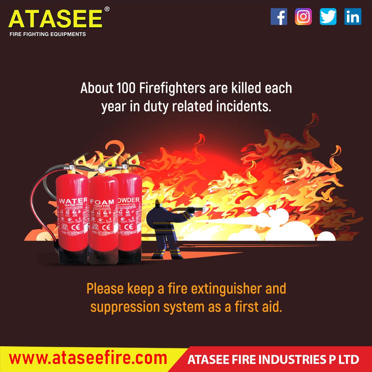 About 100 Firefighter are killed each year in duty related incidents. Please keep a fire extinguisher and suppression system as a first aid. 

 #firefighter #firefighters #firefighterjobs #firefighterlife #firefighterposts #firefightercombatchallenge #firefightertraining