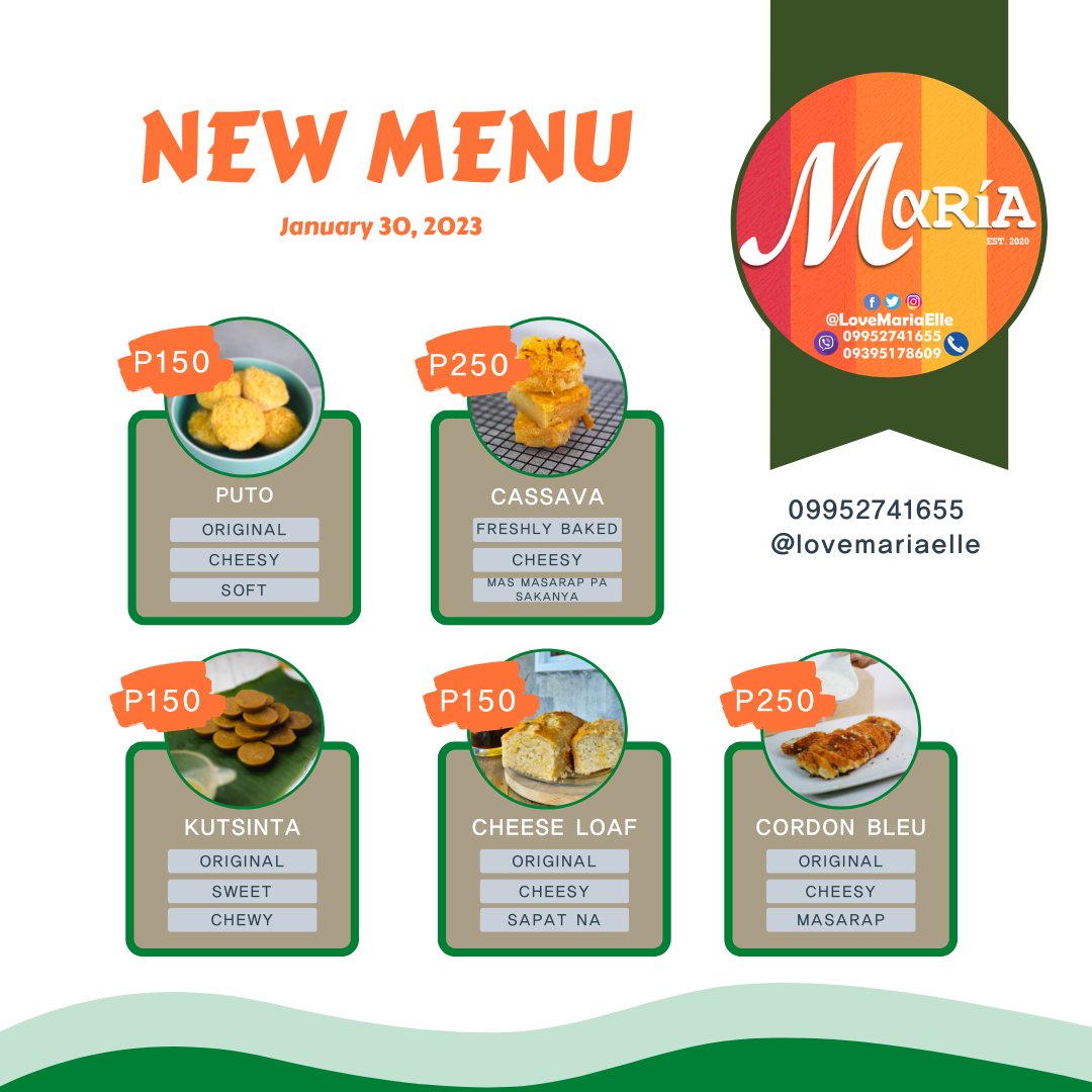 LoveMariaElle's tweet photo. updated menu! para di na kayo mahirapan mamili pa ๐งก
#Puto #Kutsinta #CheeseLoaf #CordonBleu #Cassava https://t.co/uAUYHxBMZ7