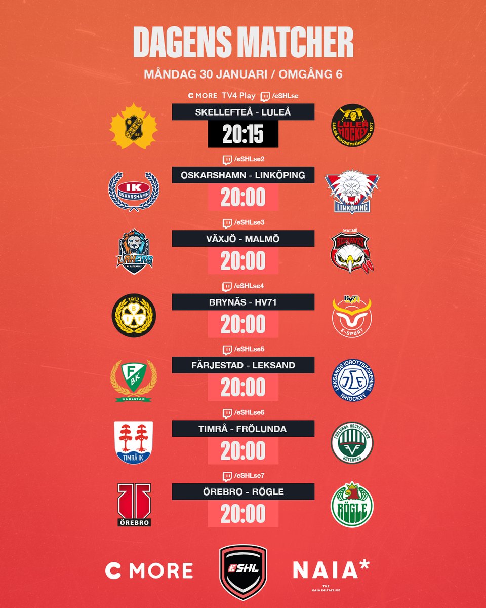 eSHLse's tweet photo. Idag bjuder vi på dubbelt så mycket eSHL som vanligt! På måndagens schema hittar vi nämligen både Omgång 5 &amp; 6. Mycket nöje! 🎮🏒

📺 I huvudsändning ikväll på C More, TV4 Play och Twitch: 
19.10: @esportrbk &amp; @Malmo_Redhawks
20.15: @skeaik_esport &amp; @LHFeSport 

#eSHLse #NHL23 https://t.co/ljtC3v3h9p