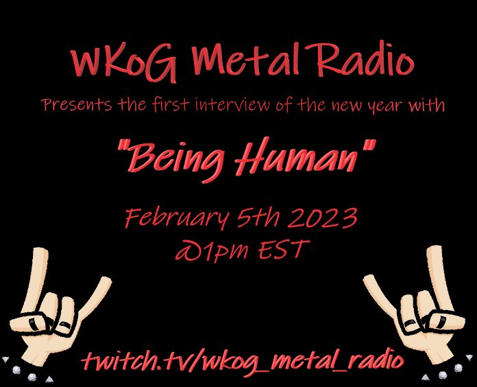 MamaHagler's tweet photo. We are so excited to announce our first interview of 2023. Being Human is an amazing band, you should totally go check them out and after that come check out the interview where you will get to ask them questions in chat. 
@MichaelNBSDeath 
https://t.co/HdraWLJzBC https://t.co/VnETQkqv8t