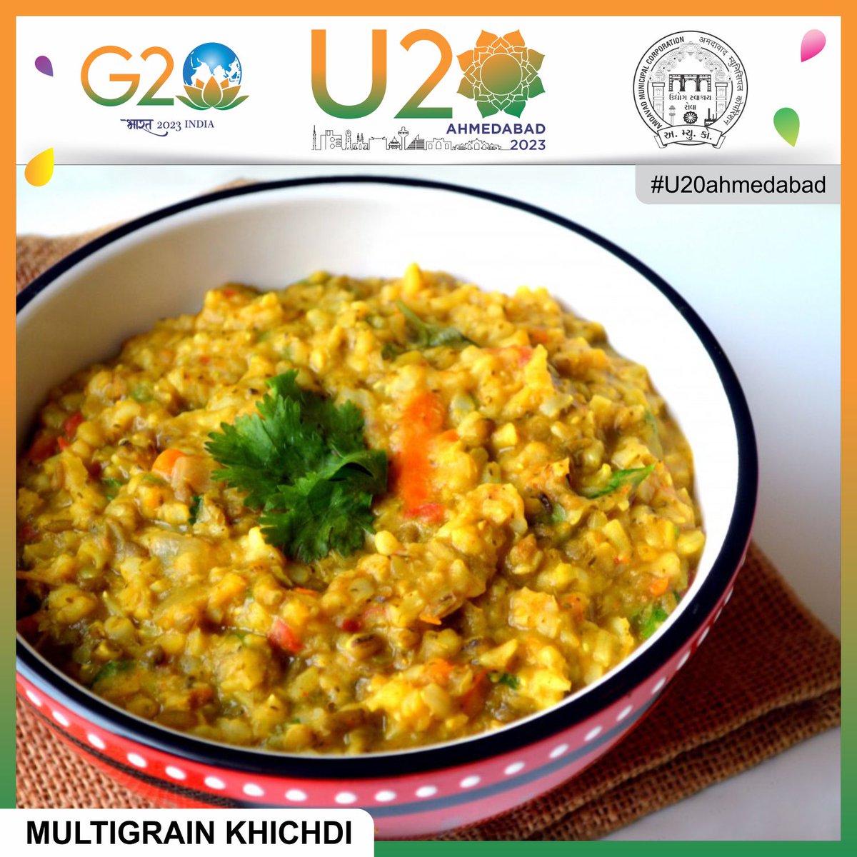 U20India's tweet image. #khichdi is one of the oldest food in India. The earliest references to khichdi date way back to the epic ‘#Mahabharata’. This #multigrain #healthy dish is made from rice, bajra (pearl millet), jwar, lentils and other healthy vegetables. 
#U20summit #G20Summit #India #Gujarat