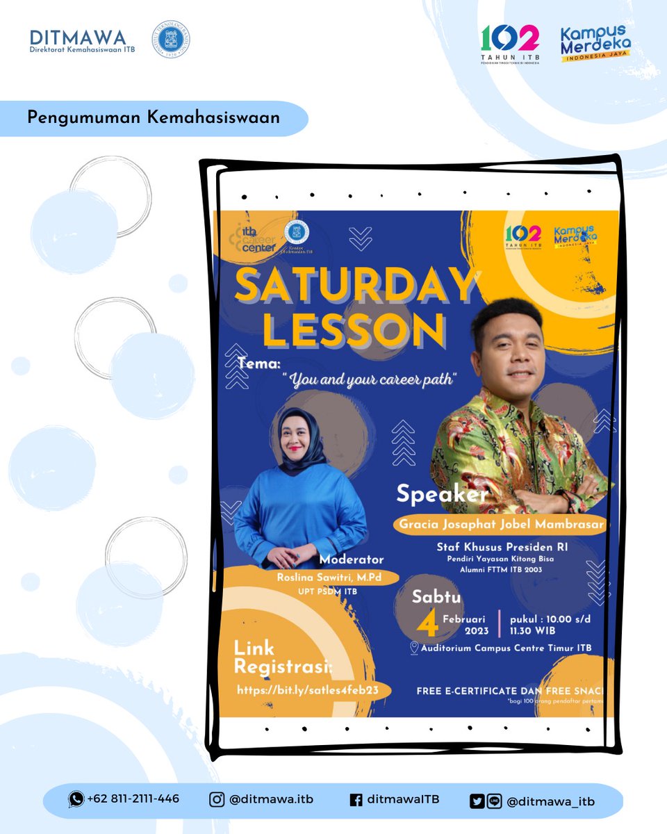 ditmawa_itb's tweet photo. #ditmawaITB #DitmawaJuara #ITBproud #ITBevent #kemahasiswaanITB
#AIRkaraktermahasiswaitb #adaptif #integritas #rendahhati
#itbcc #saturdaylesson #pelatihankarir #seminarkarir #saturdaylesson2023 #youandyourcareerpath https://t.co/0mvfStRhBk