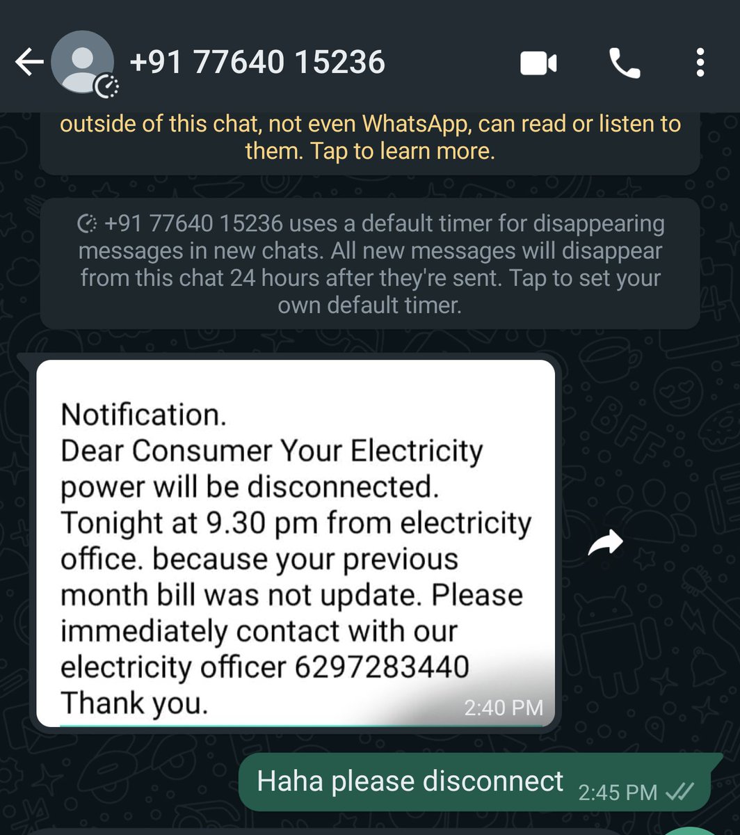 Abhishek Joshi (@theabhishekj) on Twitter photo Wonder why I still haven't received a reply and my electricity is not disconnected!🤣🤣 #scammer #newscamalert <a href="/MumbaiPolice/">मुंबई पोलीस - Mumbai Police</a> <a href="/MahaCyber1/">Maharashtra Cyber</a> <a href="/Cyberdost/">CyberDost I4C</a> Wonder why I still haven't received a reply and my electricity is not disconnected!🤣🤣 #scammer #newscamalert <a href="/MumbaiPolice/">मुंबई पोलीस - Mumbai Police</a> <a href="/MahaCyber1/">Maharashtra Cyber</a> <a href="/Cyberdost/">CyberDost I4C</a>
