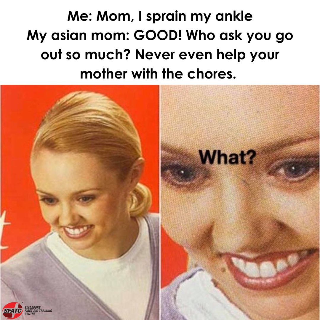 sfatc's tweet photo. It's alright ma, my ankle will feel better after I helped you with the chores π
#sgmeme #meme #justlaughs #parents #toughlove #asianmom #health #cpr #aed #sgfirstaid #firstaid https://t.co/Zr7e4SCdxb