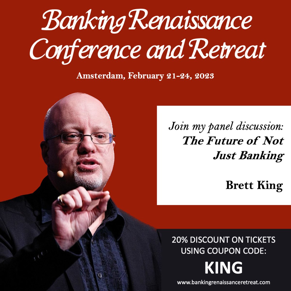 Brett King #TheFuturists #OptimalHumanity ✈️ (@brettking) on Twitter photo Join me at the #BankingRenaissance Conference in Amsterdam Feb 21-24 alongside top industry speakers. Get ready for the conversation of the year on the future of #fintech and #banking. bit.ly/3R0LIya <a href="/mortenkriek/">Morten Kriek</a> <a href="/ElenaKriek/">Elena Kriek</a> <a href="/wisselbanck/">Wisselbanck 🏦</a> <a href="/thebanking50/">The Banking 50</a> Join me at the #BankingRenaissance Conference in Amsterdam Feb 21-24 alongside top industry speakers. Get ready for the conversation of the year on the future of #fintech and #banking. bit.ly/3R0LIya <a href="/mortenkriek/">Morten Kriek</a> <a href="/ElenaKriek/">Elena Kriek</a> <a href="/wisselbanck/">Wisselbanck 🏦</a> <a href="/thebanking50/">The Banking 50</a>
