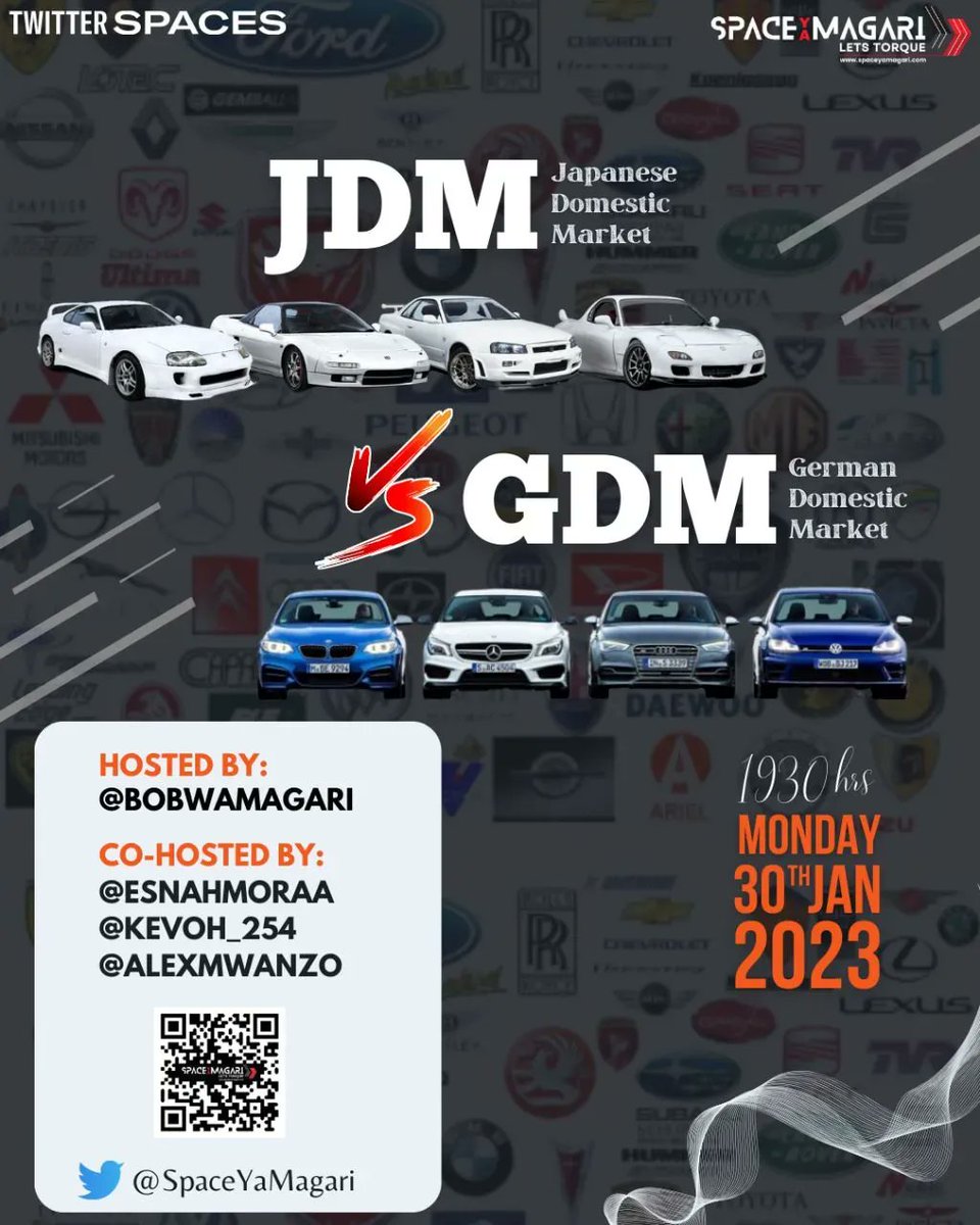 SpaceYaMagari's tweet photo. Recently, more people are embracing Cars from the European manufacturers than Japanese.

Join us tonight at 7:30pm EAT on,
#SpaceYaMagari : JDM 🔰 vs GDM Edition. 
⏰ Set your reminders.
🎙️ Space Link - https://t.co/vZhs9sRG7h

Poster by @Trendyseta #SpaceYaMagari https://t.co/0sxTdBIPBI
